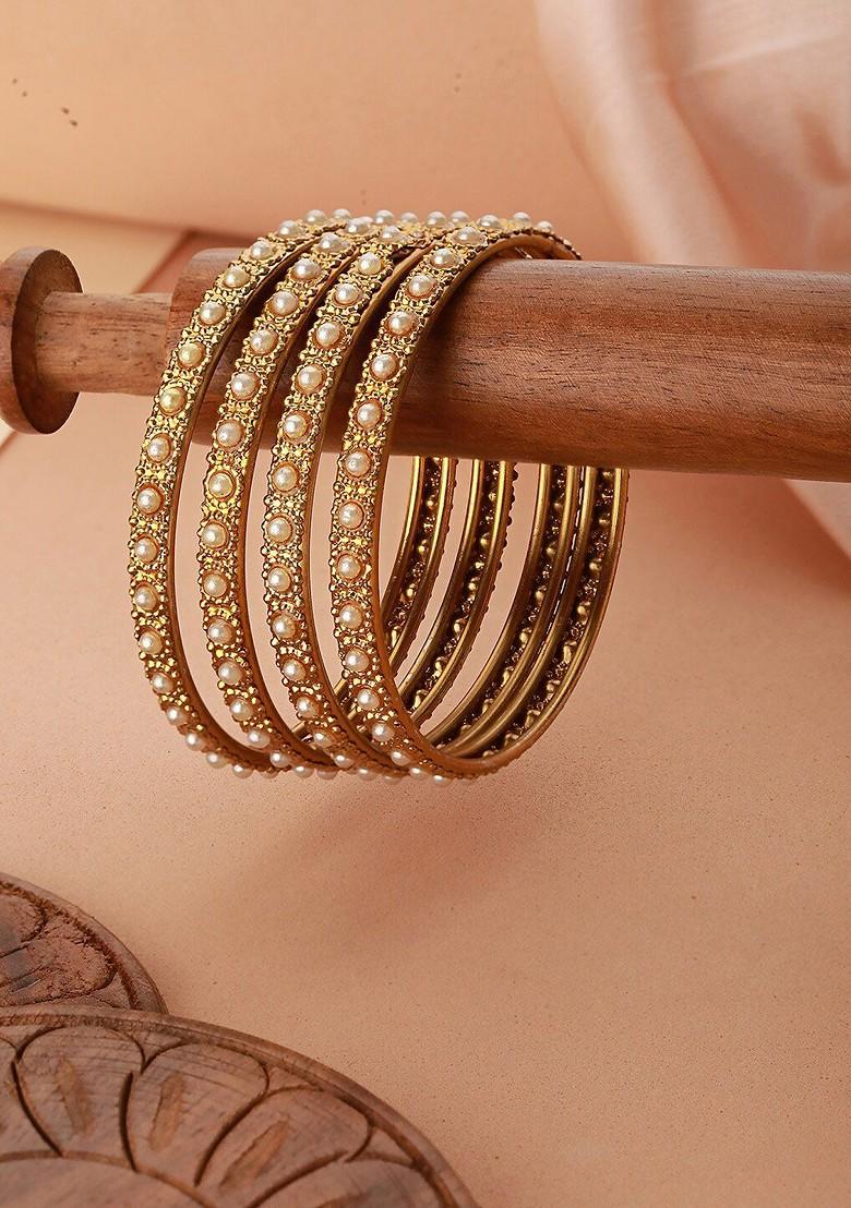 Set Of 4 Gold Plated Bold Pearl Studded Bangles
