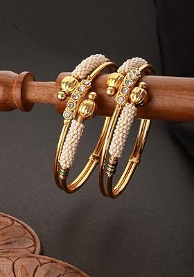 Set Of 2 Gold Plated Cz Studded Pearls Beaded Bangles