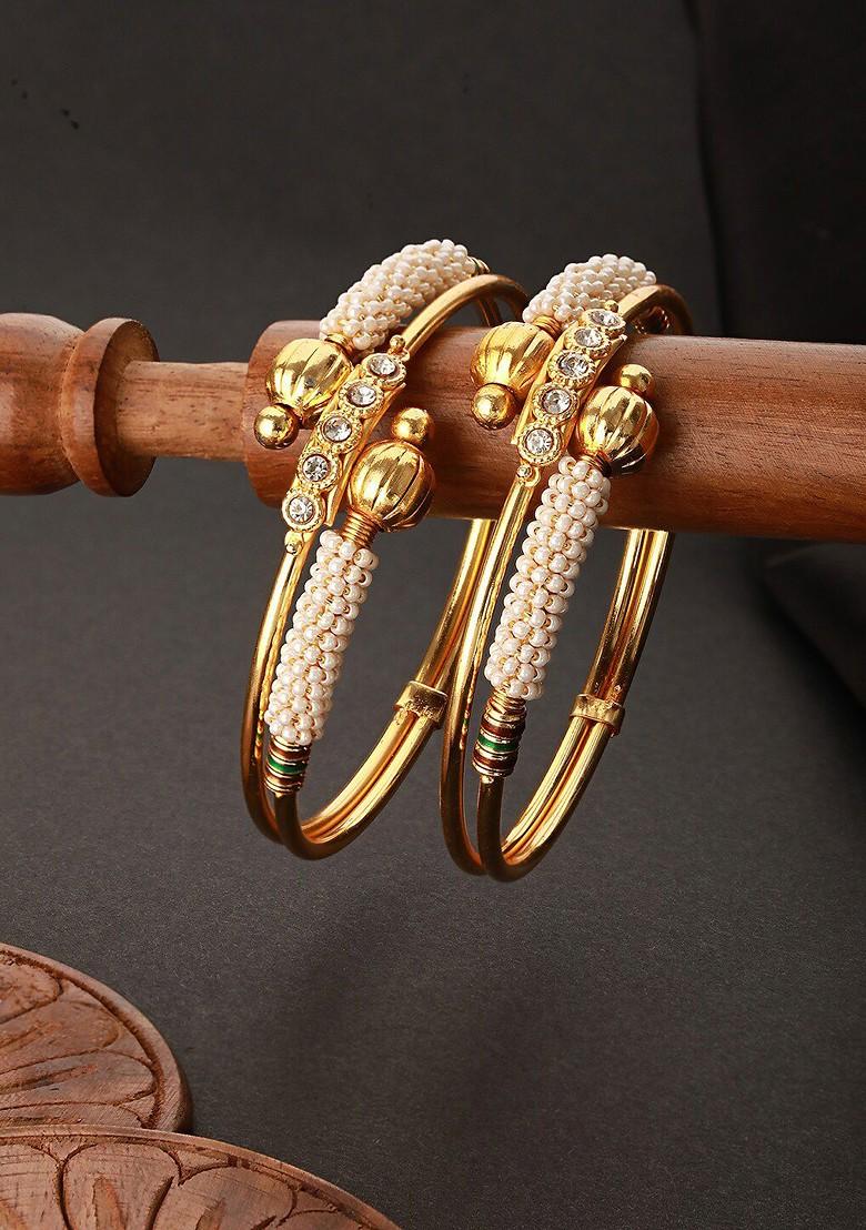 Set Of 2 Gold Plated Cz Studded Pearls Beaded Bangles