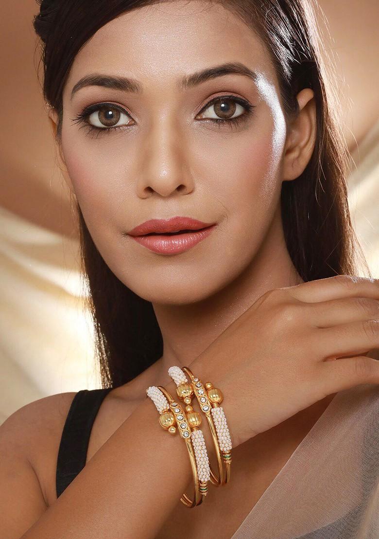 Set Of 2 Gold Plated Cz Studded Pearls Beaded Bangles