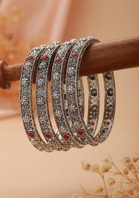 Set Of 4 Silver Plated Stone Studded Oxidized Bangles