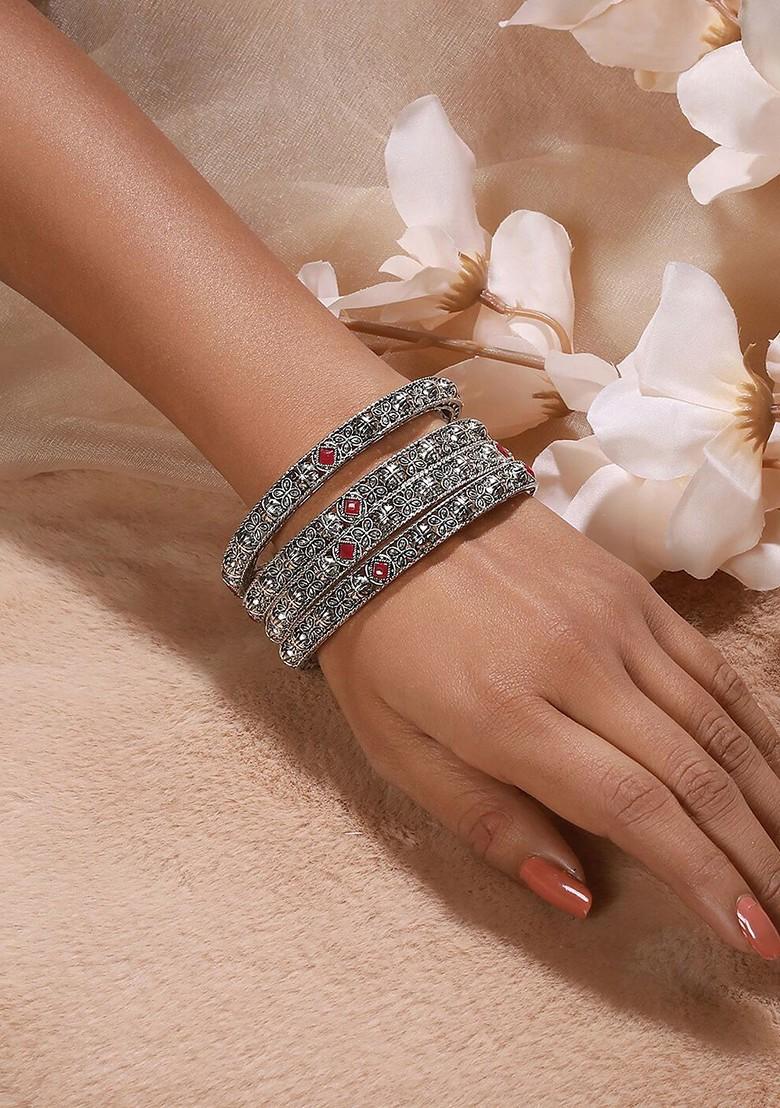 Set Of 4 Silver Plated Stone Studded Oxidized Bangles