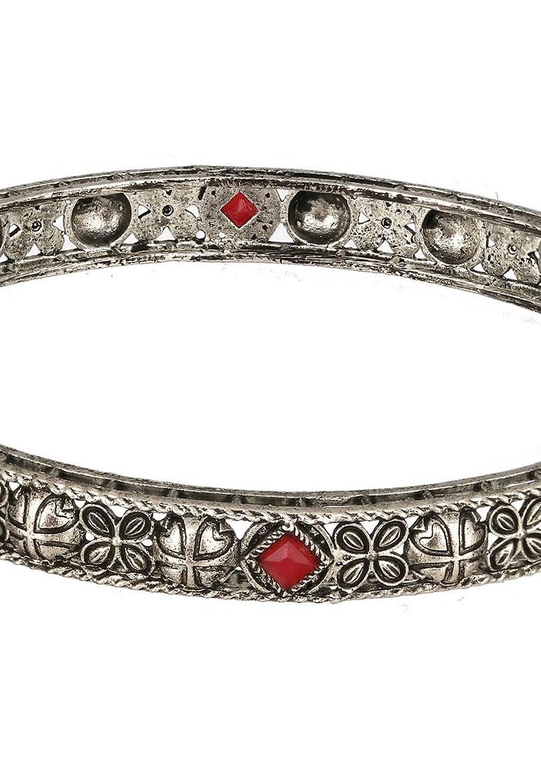 Set Of 4 Silver Plated Stone Studded Oxidized Bangles