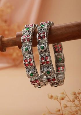 Set Of 2 Silver Plated Stones Studded Oxidized Bangles