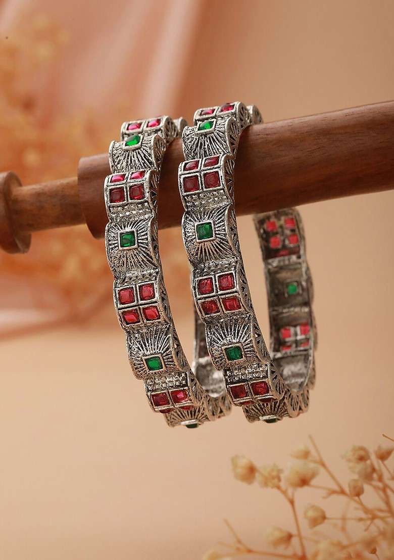 Set Of 2 Silver Plated Stones Studded Oxidized Bangles - Indya