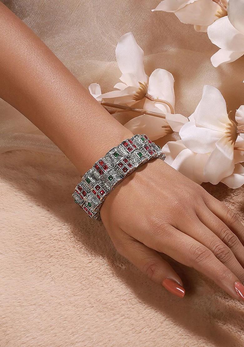 Set Of 2 Silver Plated Stones Studded Oxidized Bangles