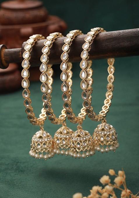 Set Of 4 Gold Plated Kundan Studded And Pearls Beaded Bangles