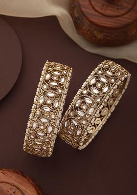 Set Of 2 Gold Plated Kundan Studded And Pearl Beaded Bangle