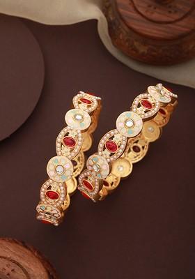 Set Of 2 24Kt Gold Plated Stones And Pearls Studded Bangles