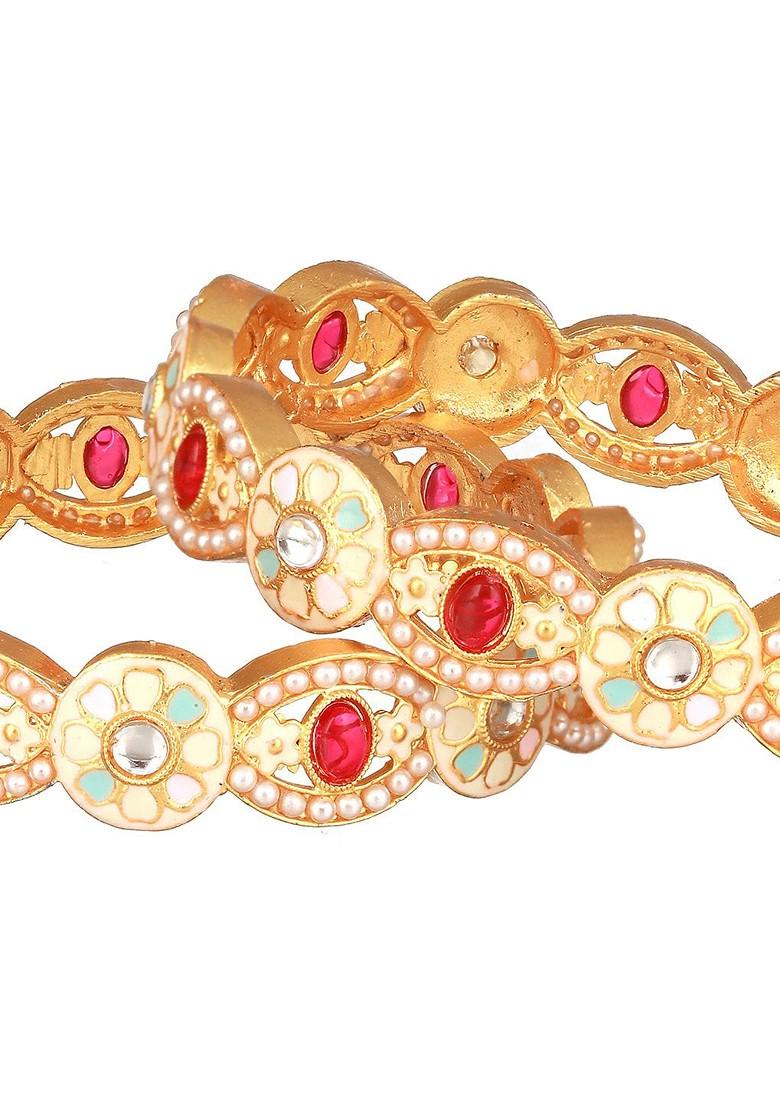 Set Of 2 24Kt Gold Plated Stones And Pearls Studded Bangles