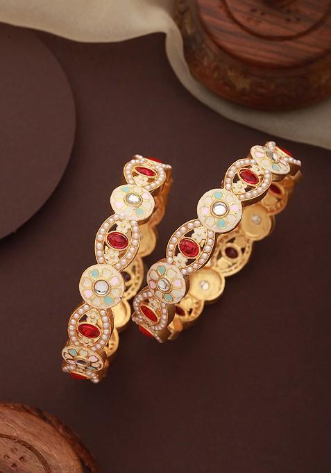 Set Of 2 24Kt Gold Plated Stones And Pearls Studded Bangles