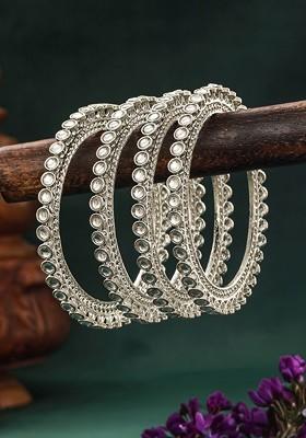 Set Of 4 Silver Plated Kundan Studded Bangles