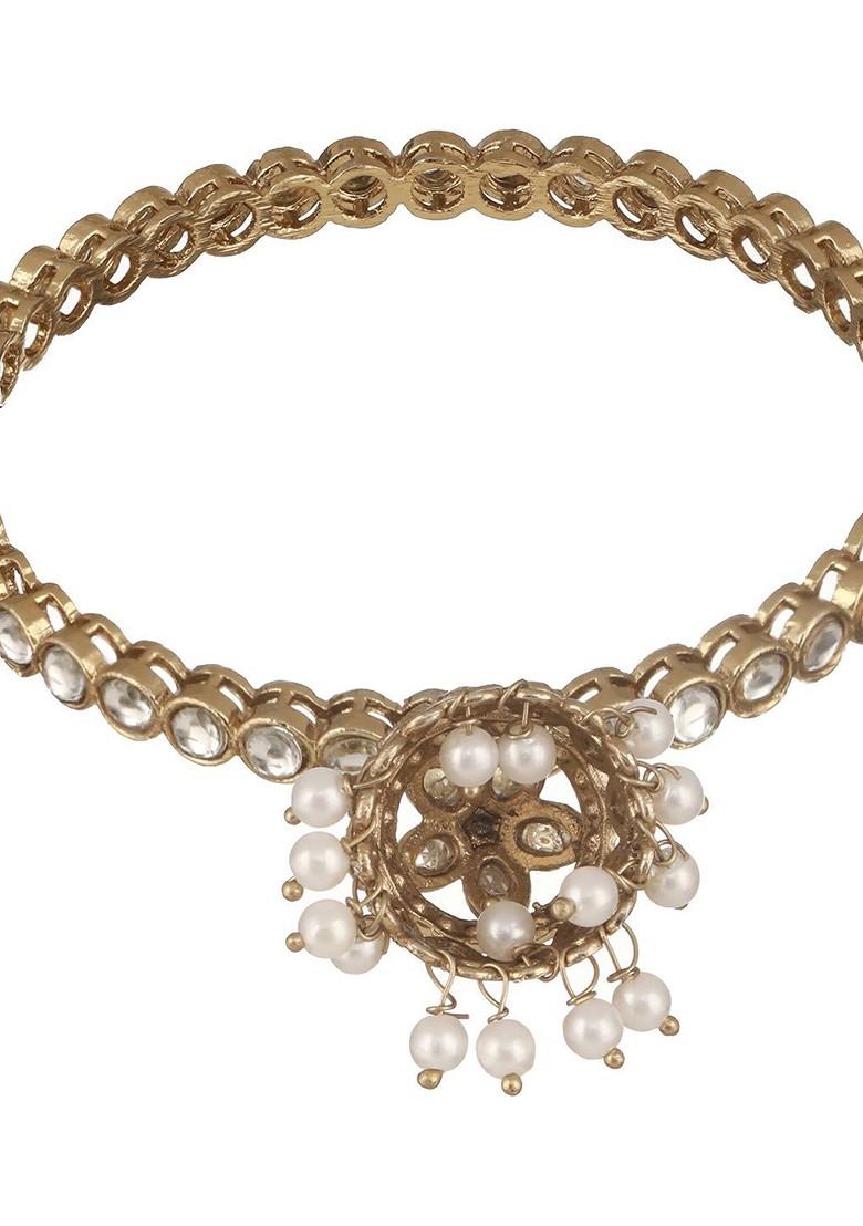 Set Of 4 Gold Plated Kundan Studded And Beaded Bangles