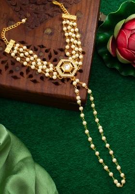 White Gold Plated Artificial Beads Handchain Bracelets - Indya