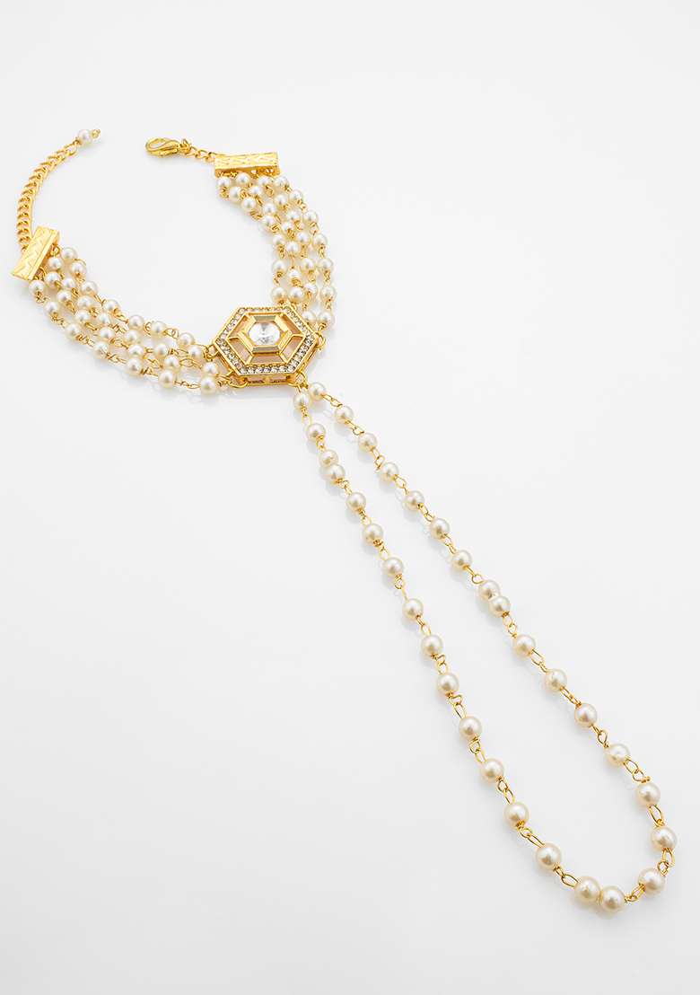 White Gold Plated Artificial Beads Handchain Bracelets - Indya