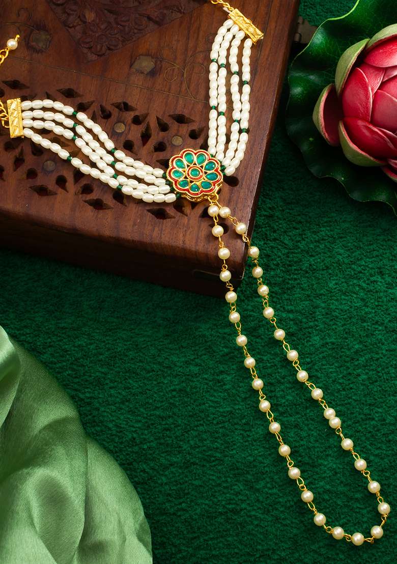 White Gold Plated Artificial Beads Handchain Bracelets - Indya
