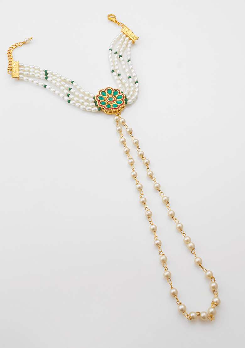 White Gold Plated Artificial Beads Handchain Bracelets - Indya