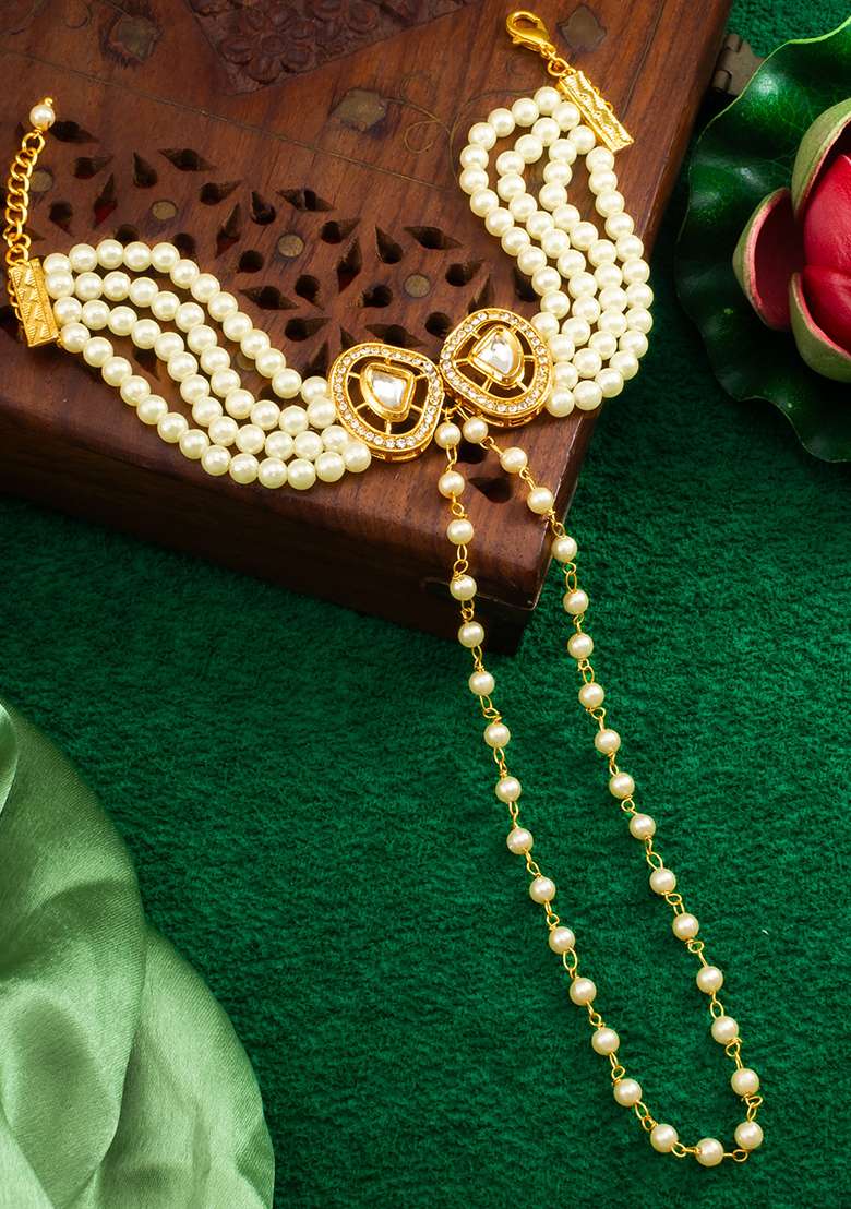 White Gold Plated Artificial Beads Handchain Bracelets - Indya