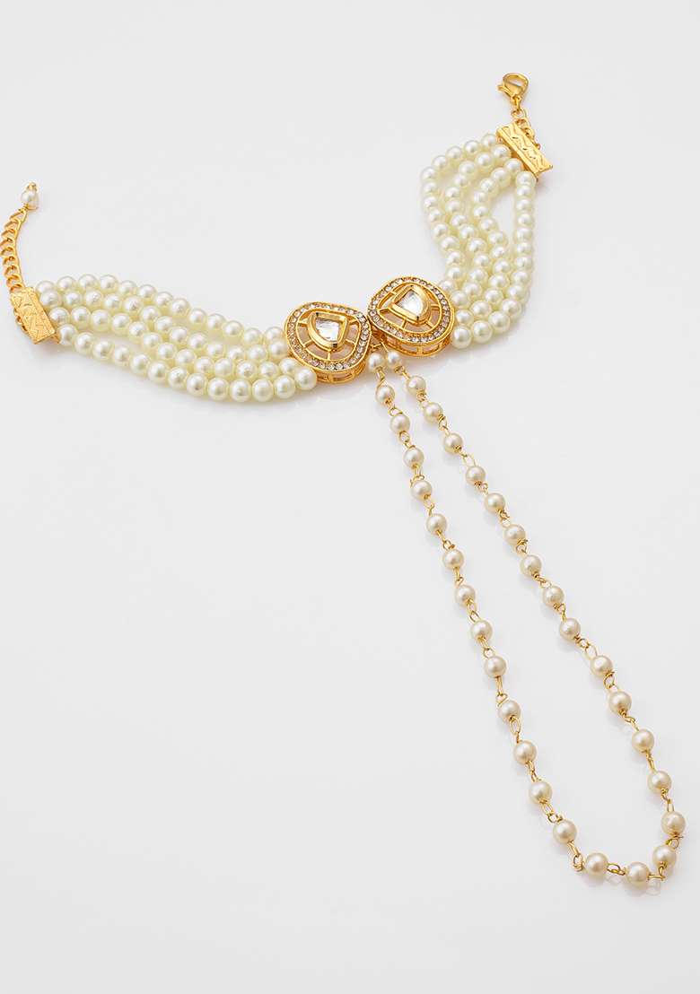 White Gold Plated Artificial Beads Handchain Bracelets - Indya