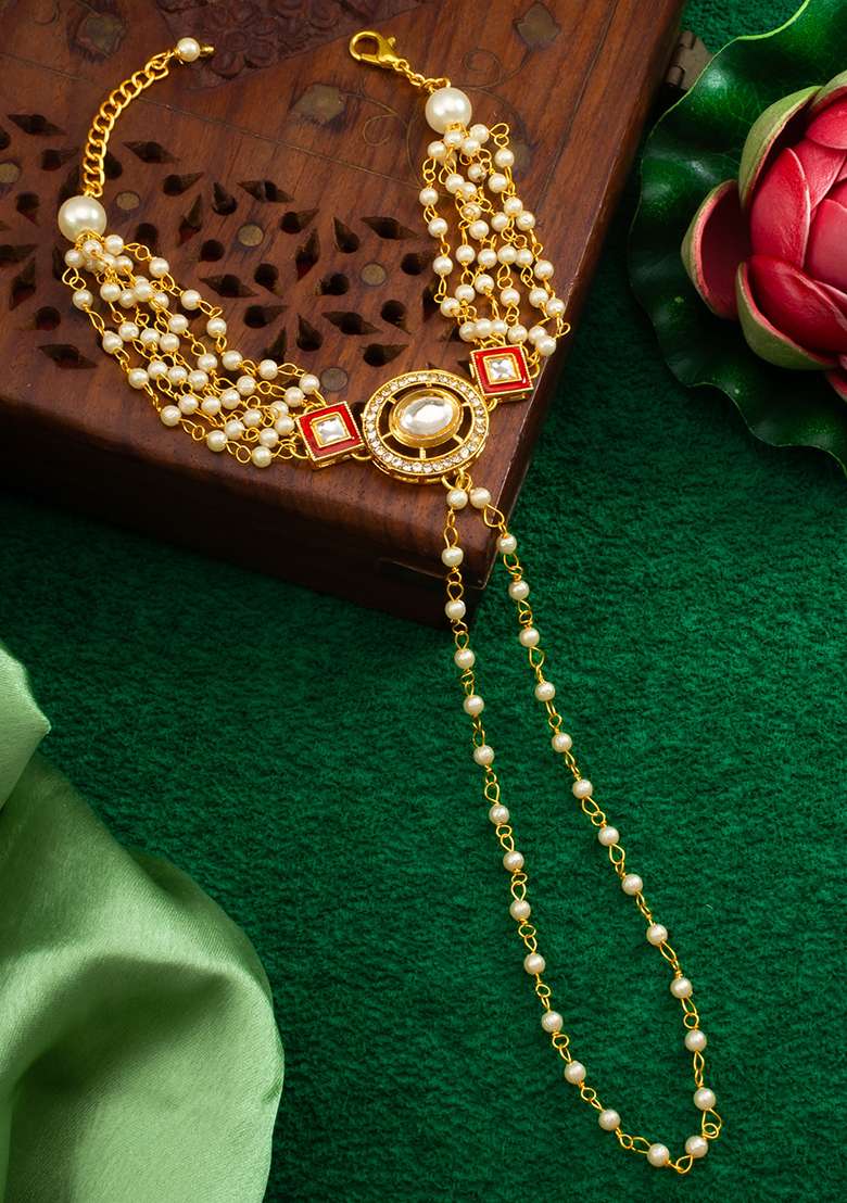 White Gold Plated Artificial Beads Handchain Bracelets - Indya