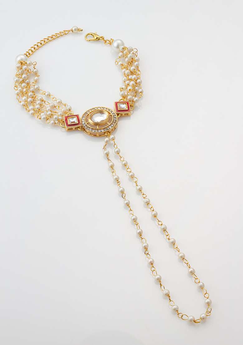 White Gold Plated Artificial Beads Handchain Bracelets - Indya