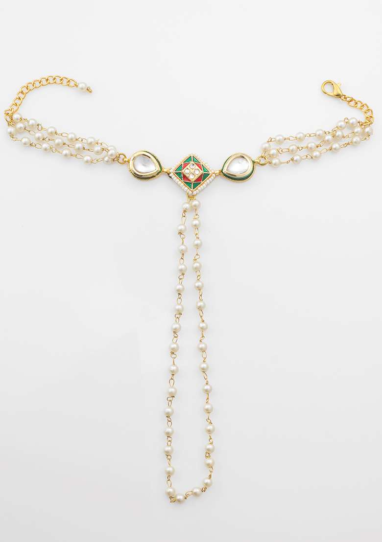 White Gold Plated Artificial Beads Handchain Bracelets - Indya