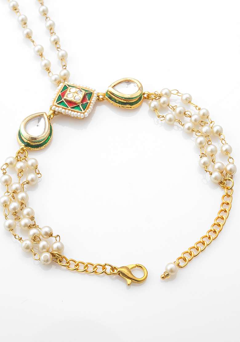 White Gold Plated Artificial Beads Handchain Bracelets - Indya
