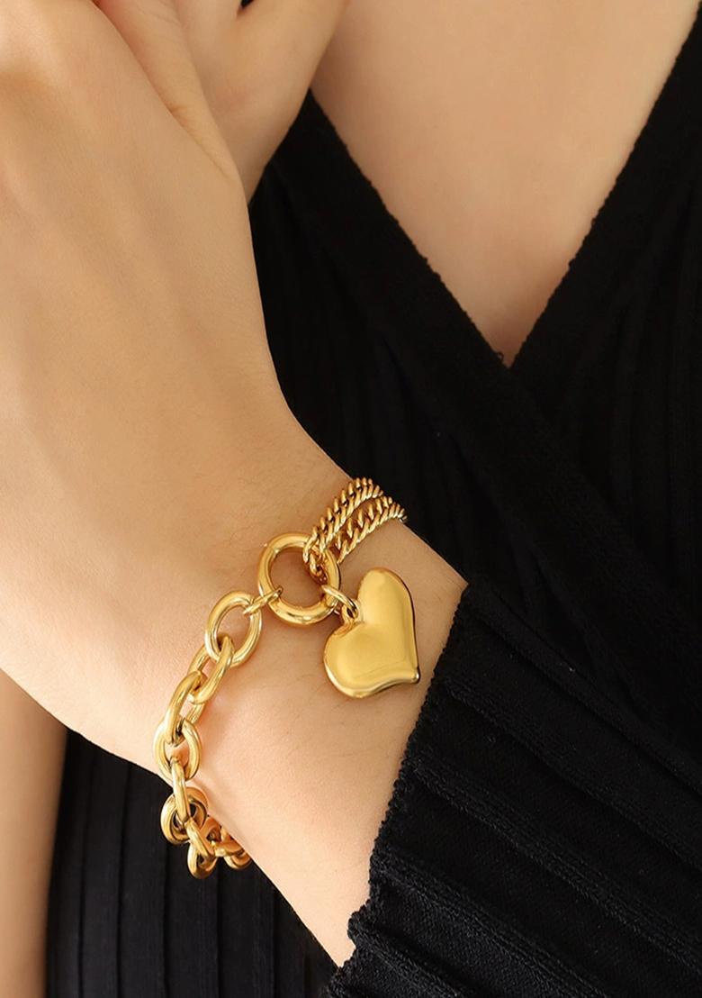 18K Gold Plated Waterproof Anti Tarnish Heart Drop Chunky Chain Bracelet - Indya