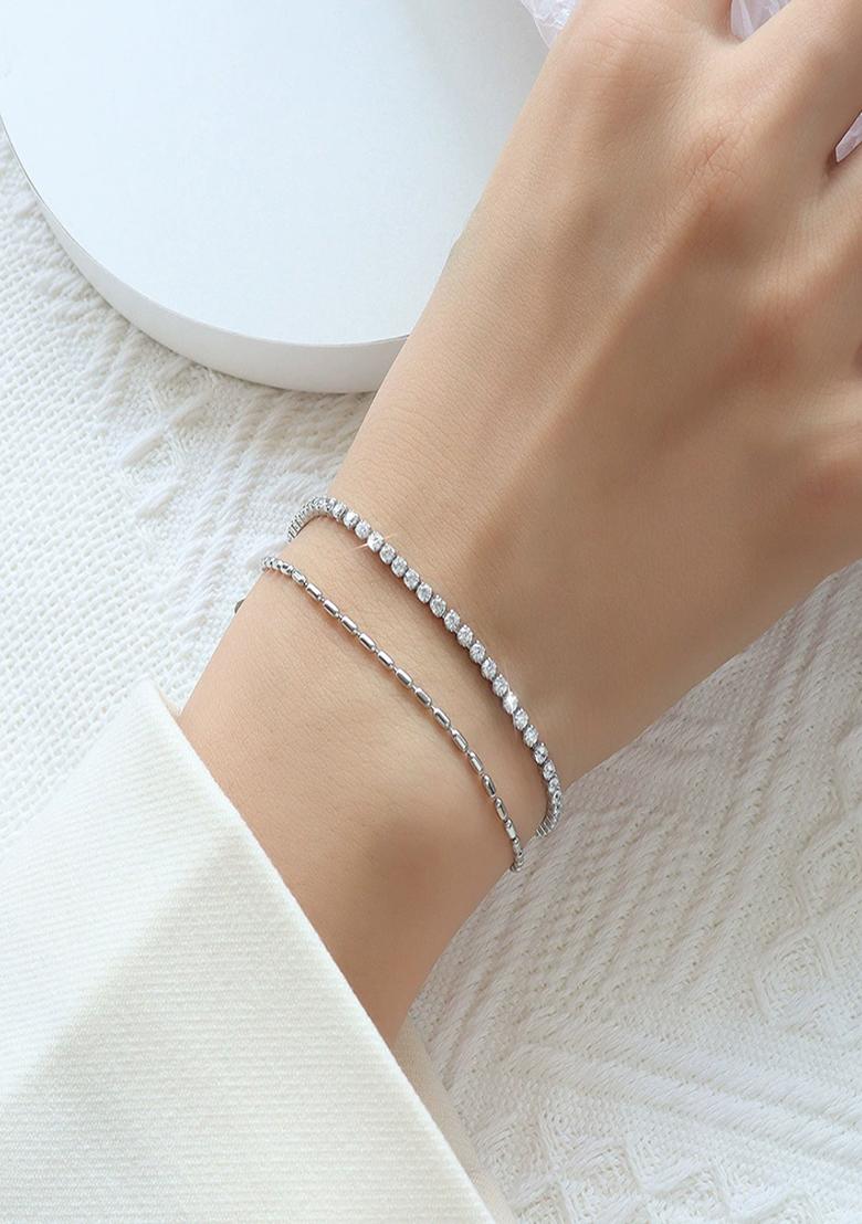 18K Silver Plated Anti Tarnish Zircon And Rice Bead Chain Layered Bracelet - Indya