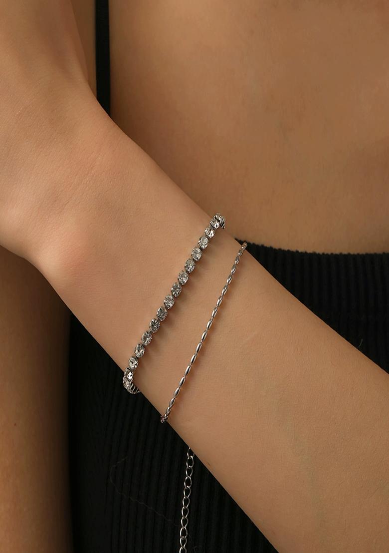 18K Silver Plated Anti Tarnish Zircon And Rice Bead Chain Layered Bracelet - Indya