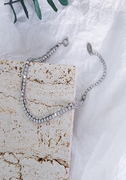 18K Silver Plated Anti Tarnish Zircon And Rice Bead Chain Layered Bracelet