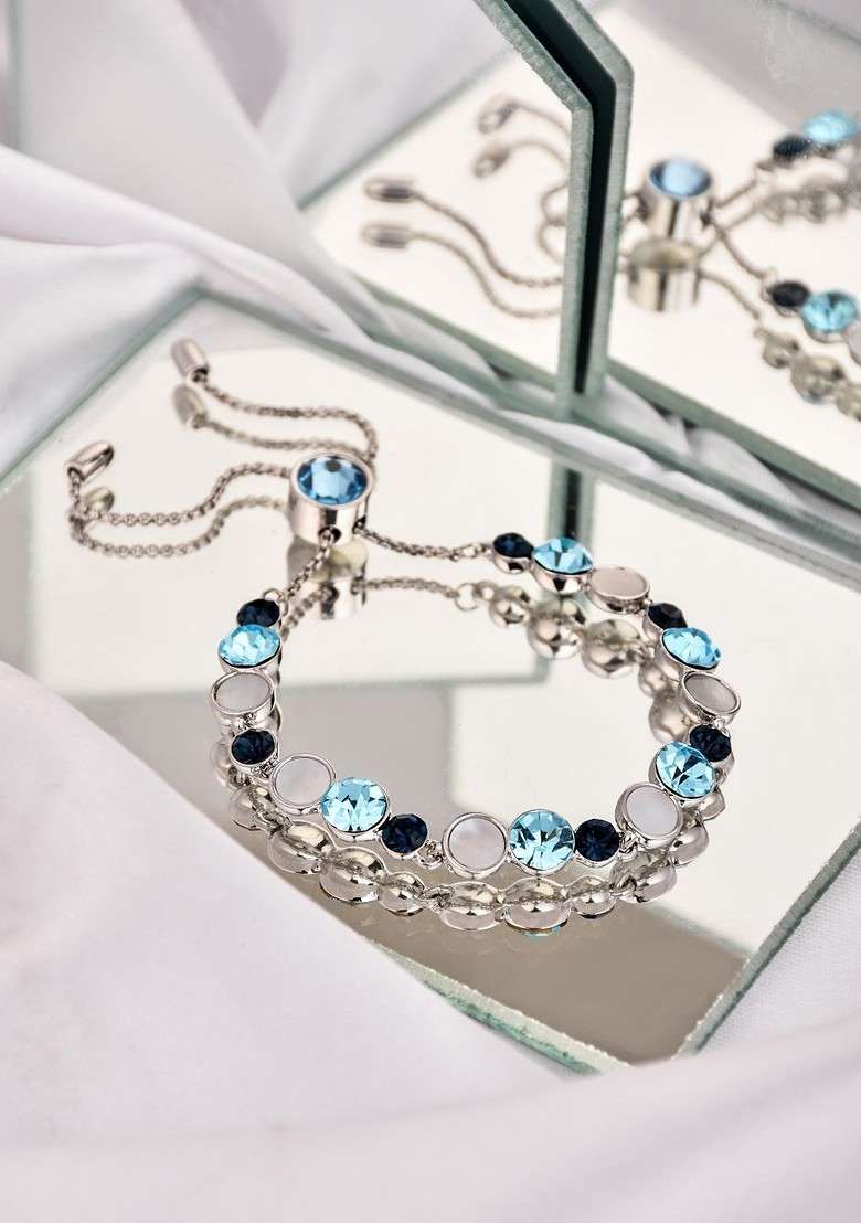 Rhodium Plated Artificial Stones Studded Enamelled Adjustable Link Bracelet - Indya