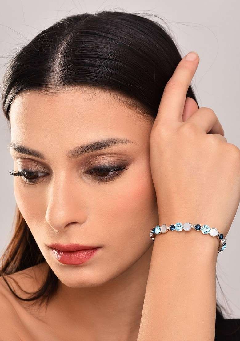 Rhodium Plated Artificial Stones Studded Enamelled Adjustable Link Bracelet - Indya