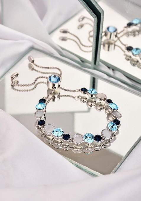 Rhodium Plated Artificial Stones Studded Enamelled Adjustable Link Bracelet