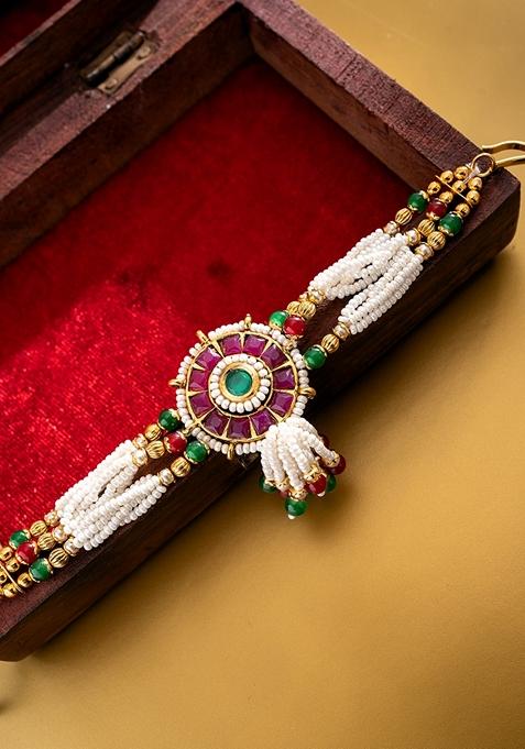 Gold Plated Stones Studded And Beaded Wraparound Bracelet