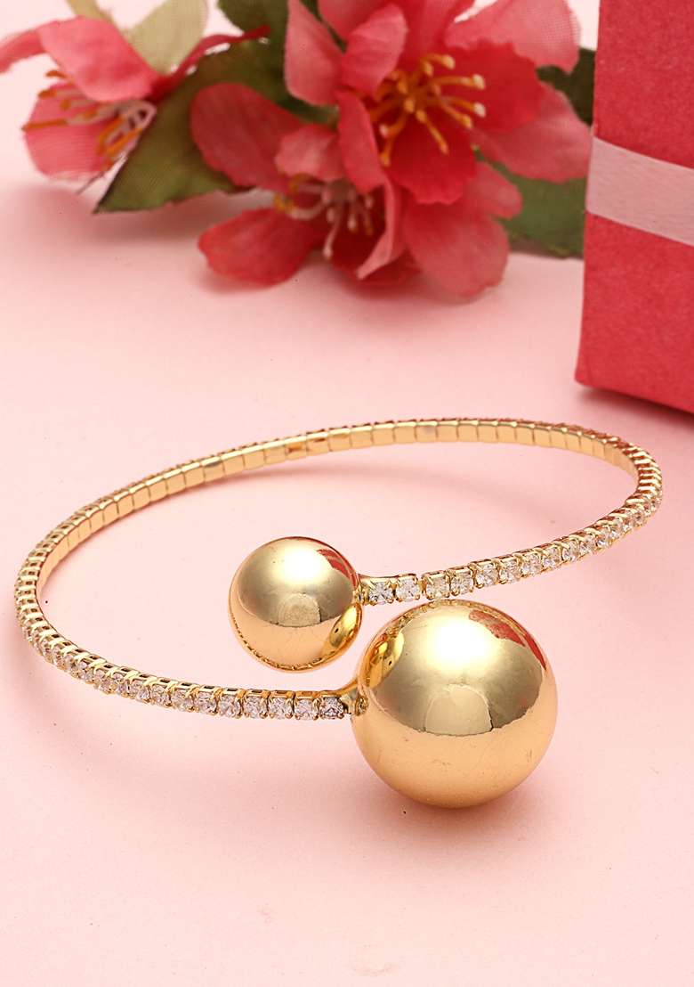 18Kt Gold Plated Stone Studded Tarnish Free Waterproof Bangle Style Bracelet - Indya