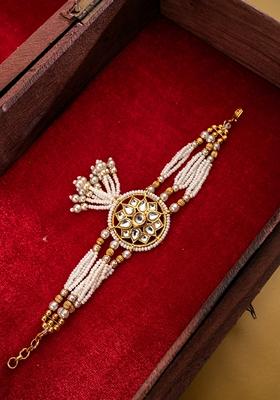 Gold Plated Stones Studded And Beaded Wraparound Bracelet