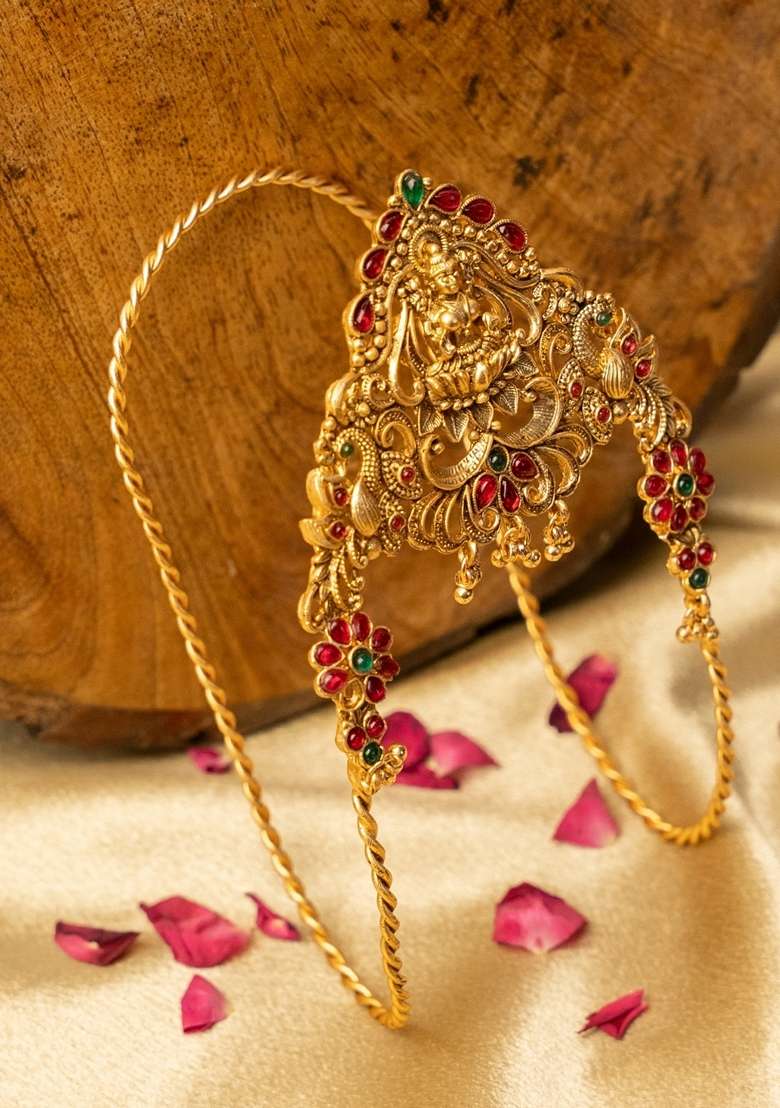 Gold Plated Cubic Zirconia Studded Antique Bajuband Armlet Bracelet - Indya