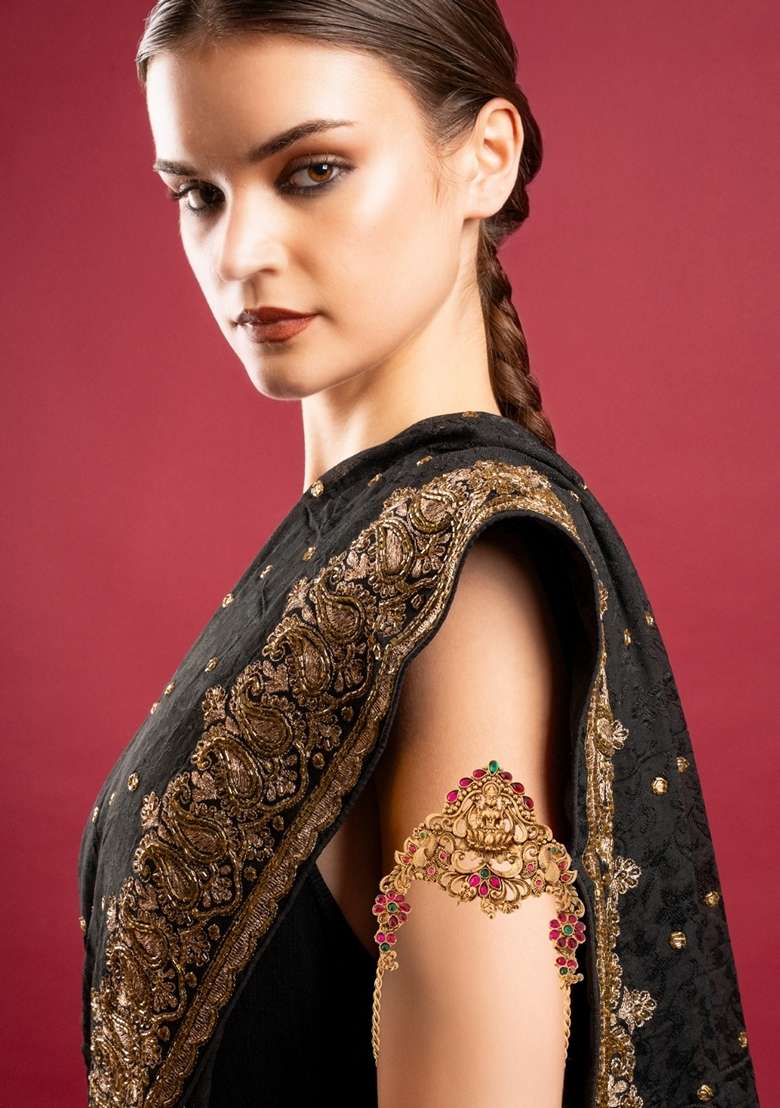 Gold Plated Cubic Zirconia Studded Antique Bajuband Armlet Bracelet - Indya