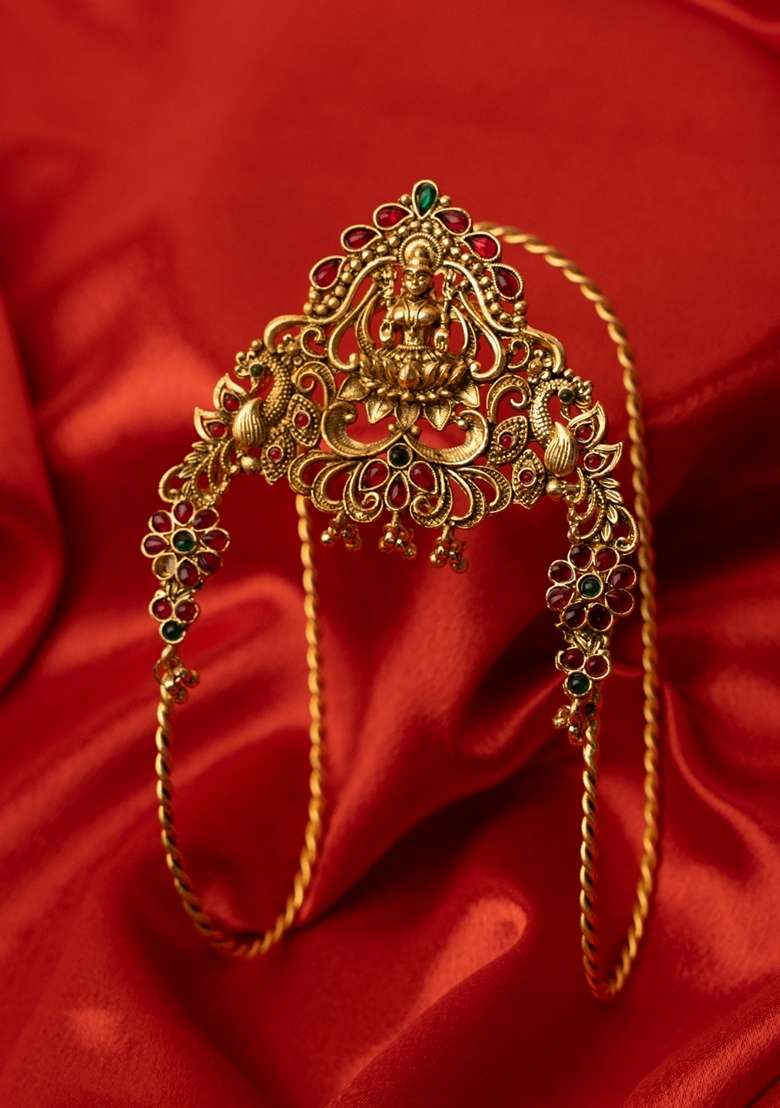 Gold Plated Cubic Zirconia Studded Antique Bajuband Armlet Bracelet - Indya