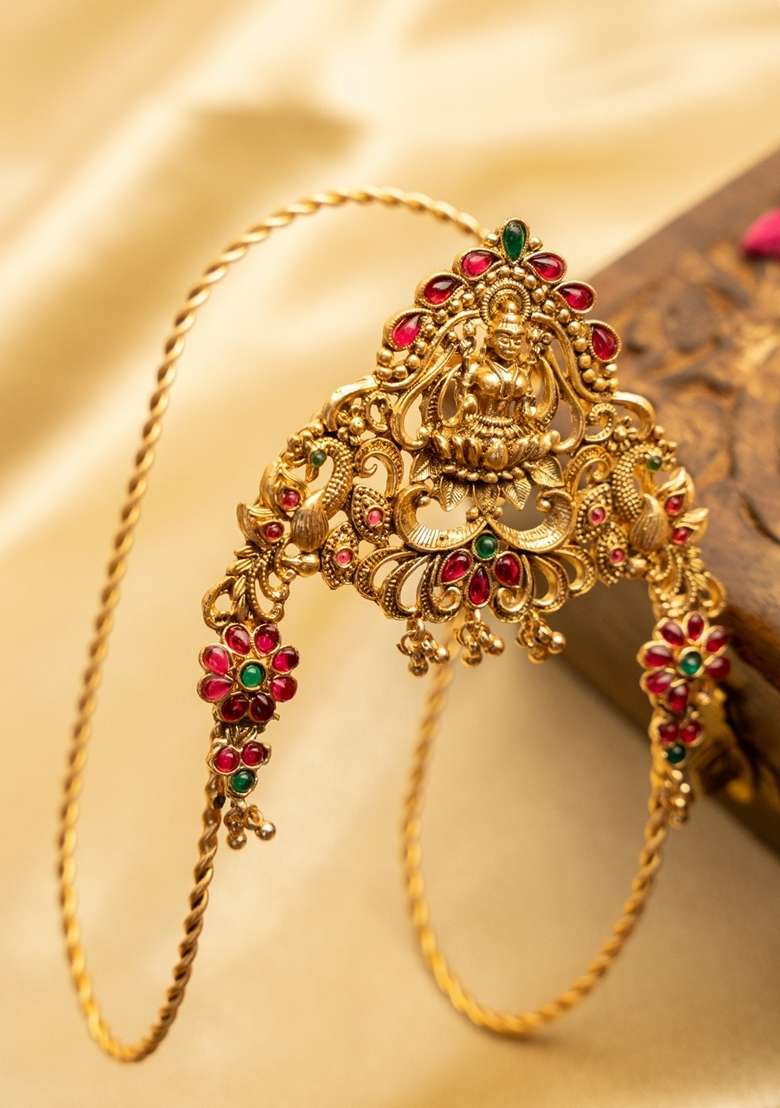 Gold Plated Cubic Zirconia Studded Antique Bajuband Armlet Bracelet - Indya