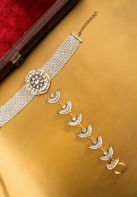 Gold Plated Stones Studded and Beaded Hathphool Ring Bracelet