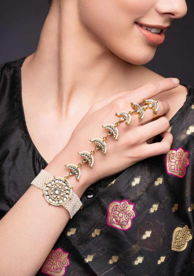 Gold Plated Stones Studded and Beaded Hathphool Ring Bracelet - Indya