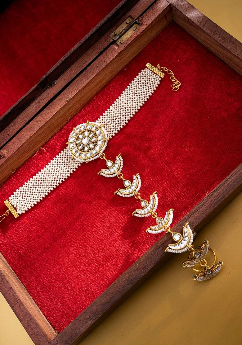 Gold Plated Stones Studded and Beaded Hathphool Ring Bracelet - Indya
