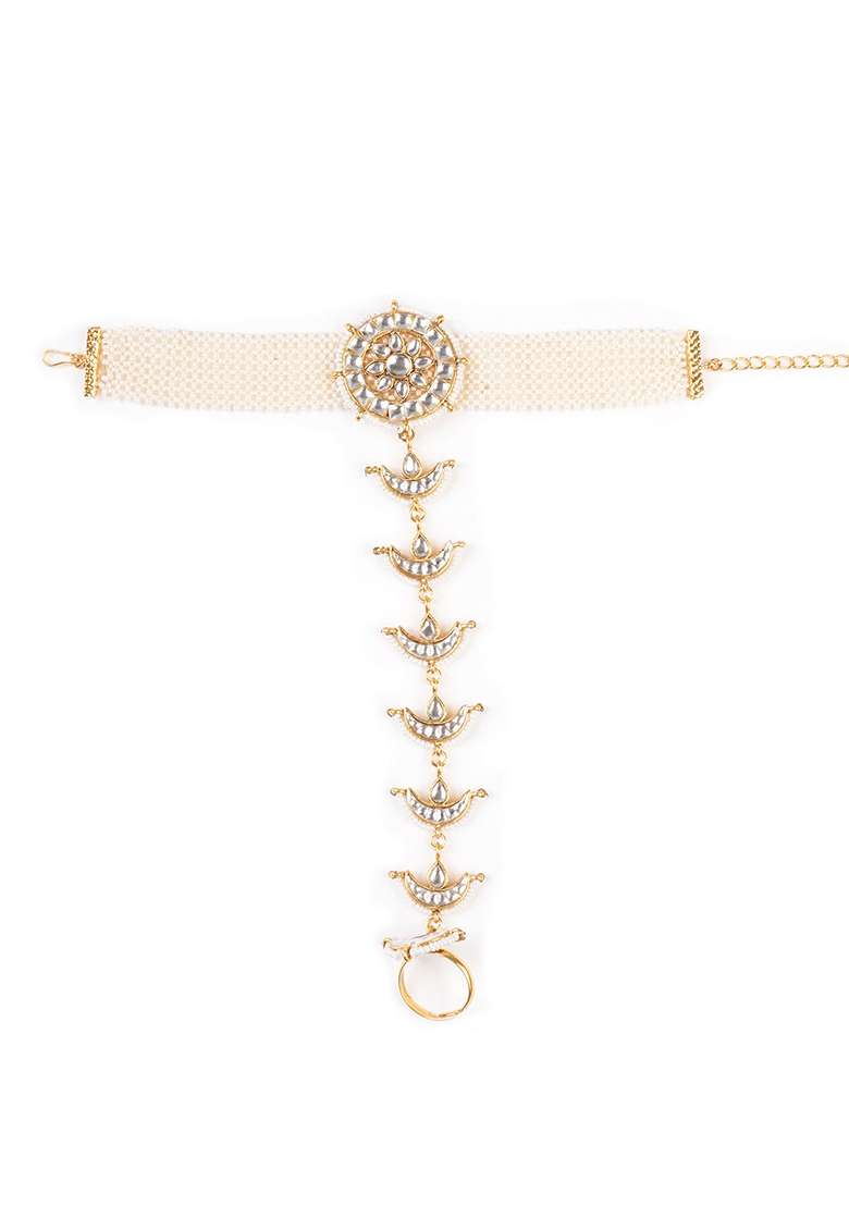 Gold Plated Stones Studded and Beaded Hathphool Ring Bracelet - Indya