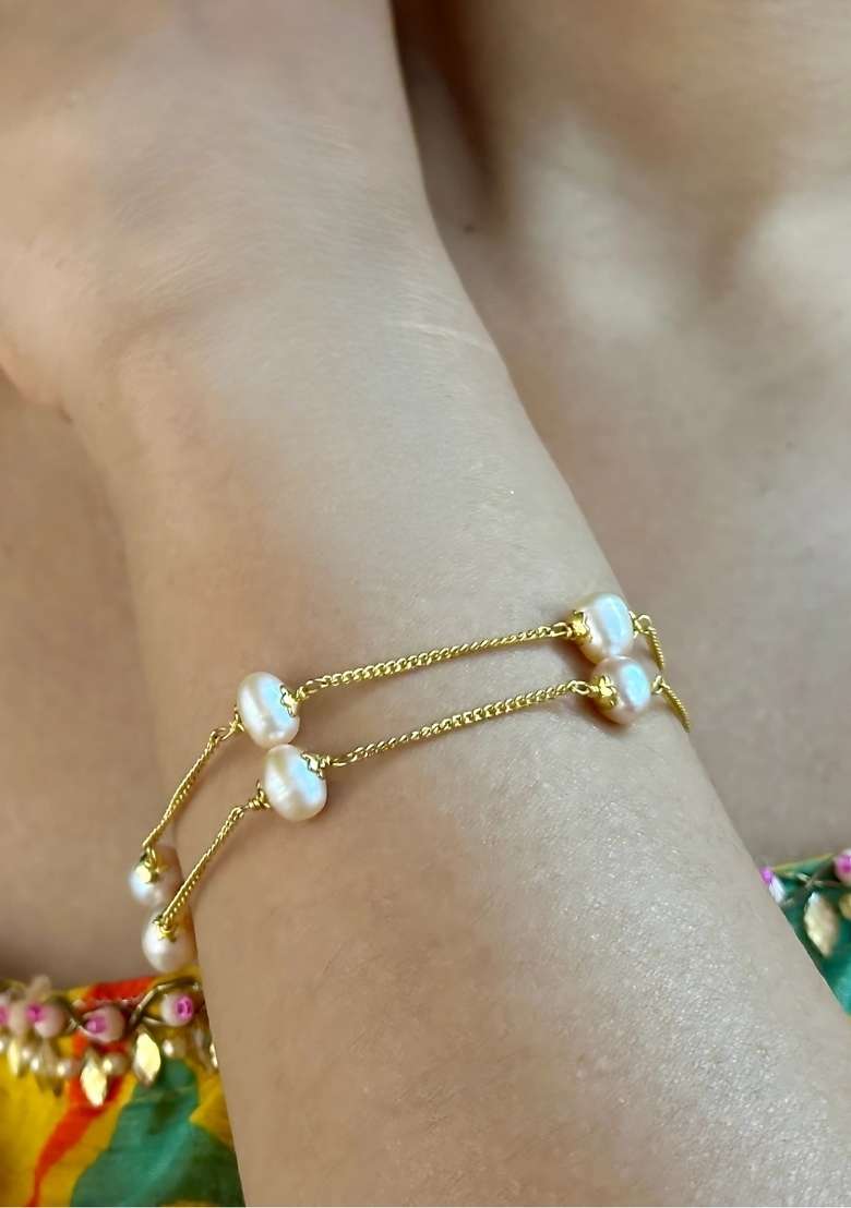 Pink Gold Plated Alloy Pearl Bracelet - Indya