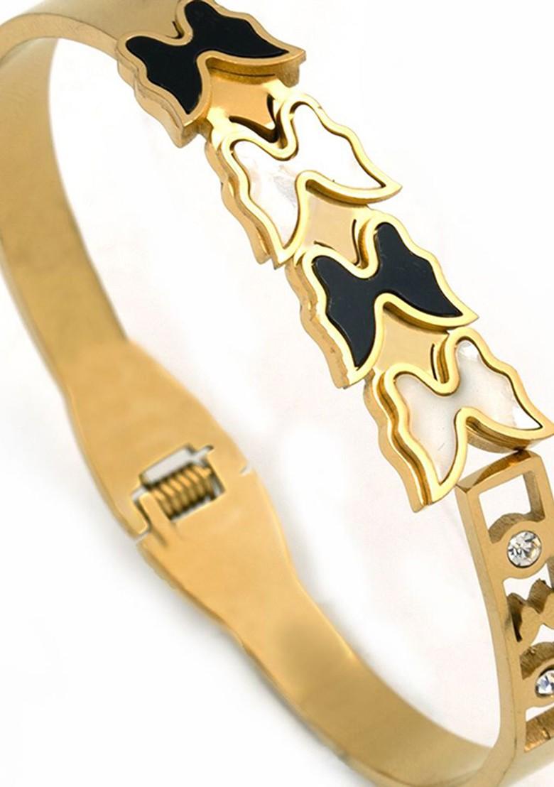 Stainless Steel Gold Plated Stones Studded Clover Charm Bangle Style Bracelet