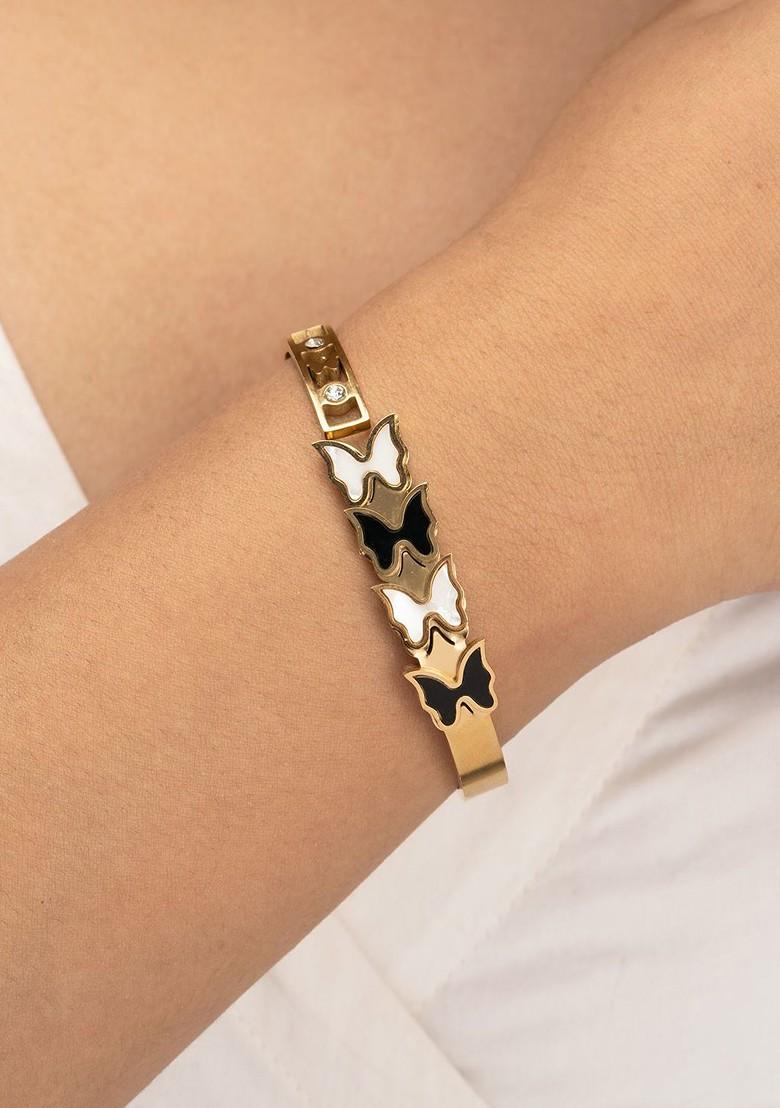 Stainless Steel Gold Plated Stones Studded Clover Charm Bangle Style Bracelet
