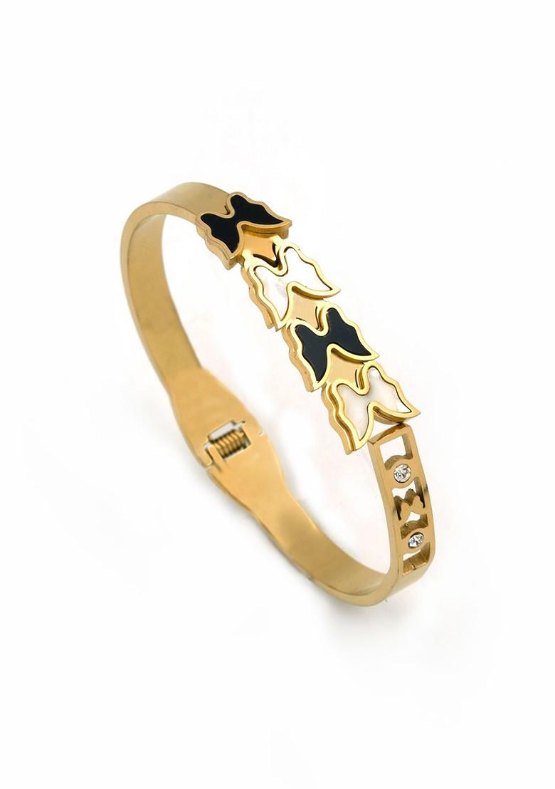 Stainless Steel Gold Plated Stones Studded Clover Charm Bangle Style Bracelet