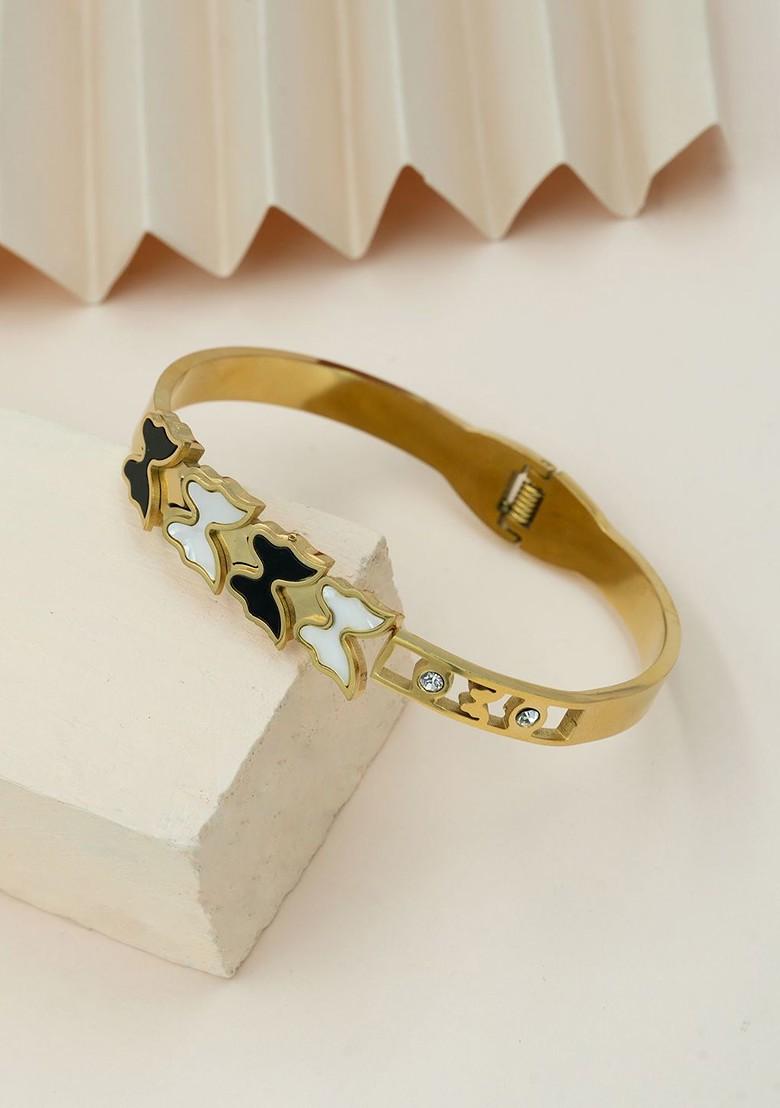 Stainless Steel Gold Plated Stones Studded Clover Charm Bangle Style Bracelet